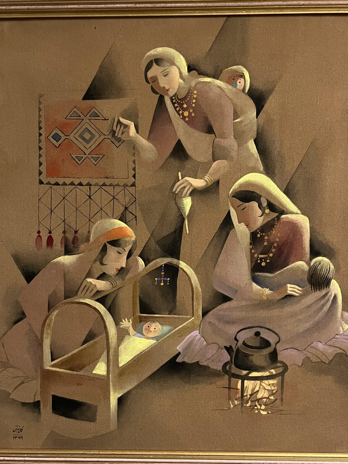 Original painting by Bahram Ghadiri Khamjani — women gathered around a cradle with traditional Persian weaving