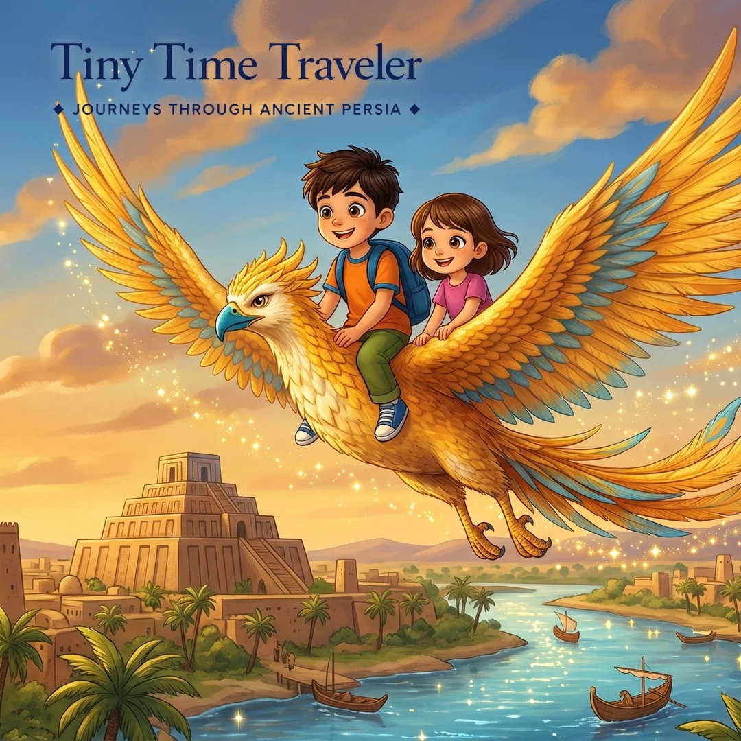 Aryan and Ariana riding Homa the golden phoenix over an ancient Persian city, with the Tiny Time Traveler logo.