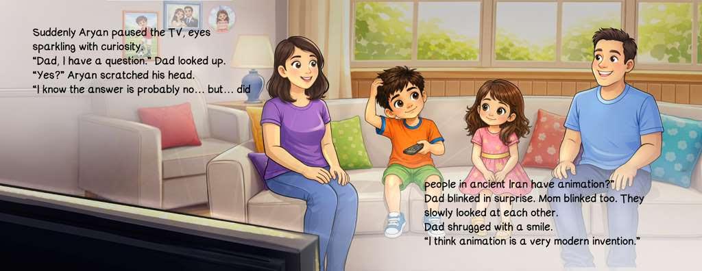 Book spread — Aryan pauses the TV and asks his parents if people in ancient Iran had animation, sparking the family's curiosity