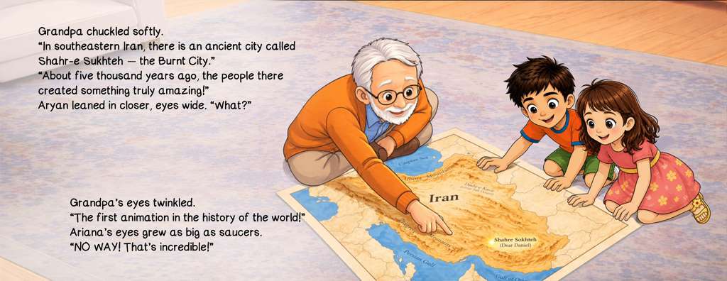 Book spread — Grandpa points to a map of Iran and tells the children about the ancient city of Shahr-e Sukhteh, the Burnt City, where the first animation in history was created