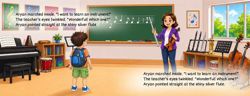 Aryan pointing out a silver flute in his school music room, from The Oldest Flute in the World