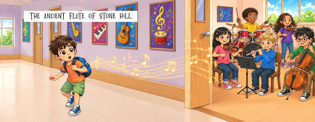 Book two opening spread — Aryan arrives at his school music room as classmates inside play drums, violin, flute, and cello, under the title The Ancient Flute of Stone Hill