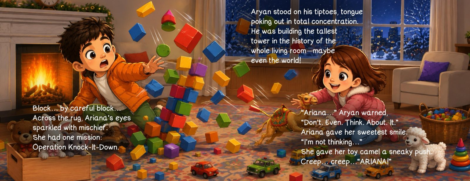 Book three spread — Aryan builds the tallest block tower in the living room while Ariana, across the rug, gives her toy camel a mischievous push toward it in Operation Knock-It-Down