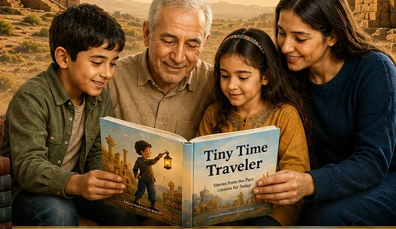 A grandfather, a mother, and two children sit together on a patterned couch, reading a Tiny Time Traveler picture book