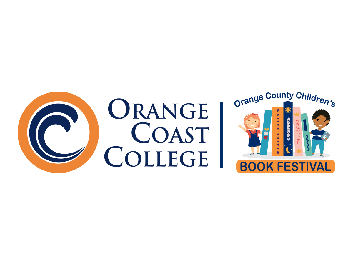 Orange Coast College and Orange County Children's Book Festival logo lockup, with illustrated children standing among a row of colorful books.