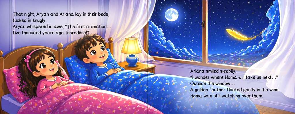 Aryan and Ariana tucked into bed as a golden Homa feather drifts past the moonlit window