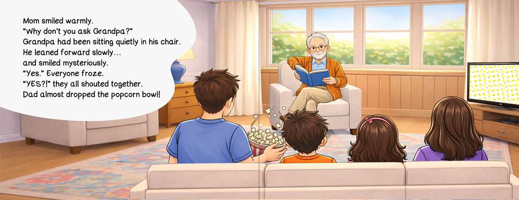 A family gathered in the living room listening to Grandpa read from a book