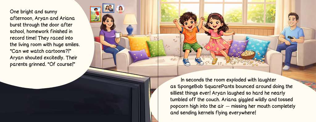 Aryan and Ariana bursting into the living room after school, ready for a story