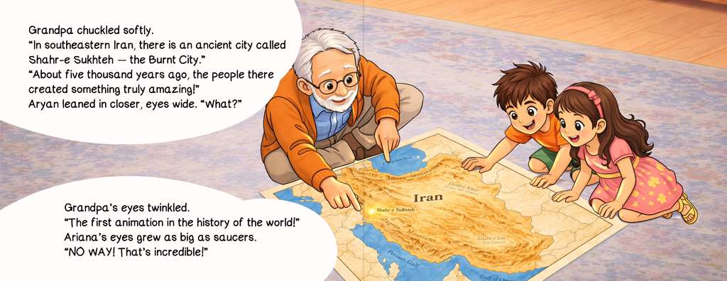 Grandpa pointing out ancient sites on a large map of Iran while Aryan and Ariana lean in