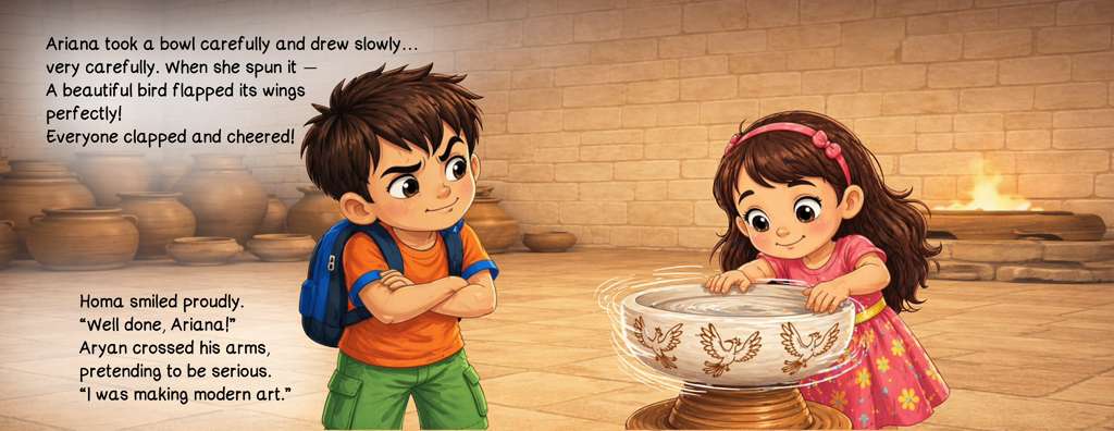 The same object, illustrated — the painted bowl with birds around its rim